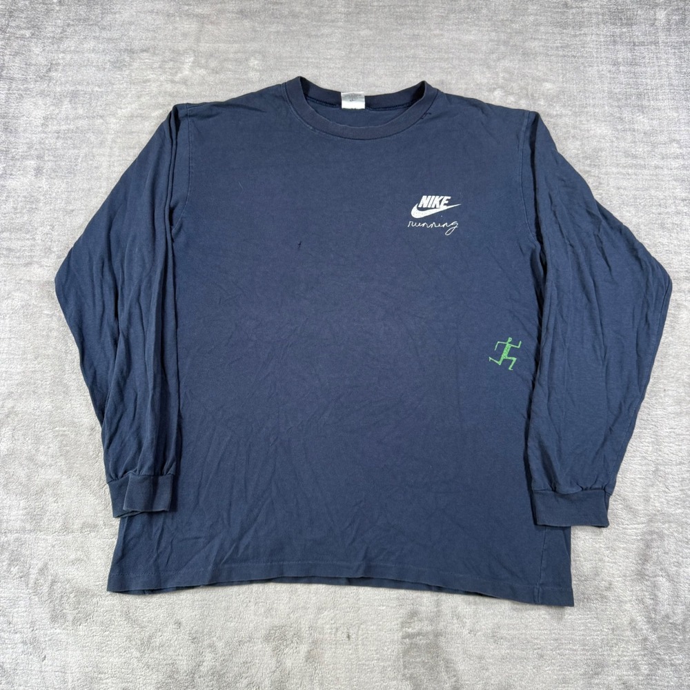 Nike Running Shirt Mens Medium Navy Blue Vintage 90s Long Sleeve Made in Canada